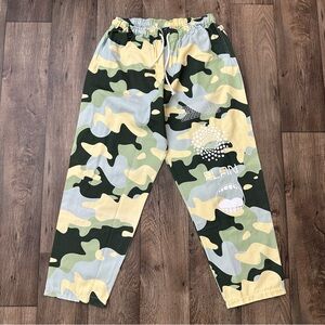 Flan Labs Roquefort Wide Leg Drawstring Oversized Pants Mens Size M Green Camo